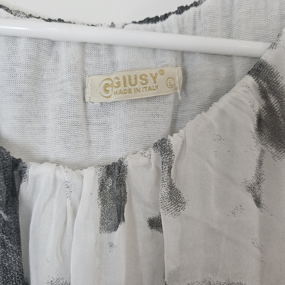 Giusy Flowy Grey White Tie-Dyeish Drop Shoulder Dolman Sleeve Silk Blouse Top L - Picture 3 of 6